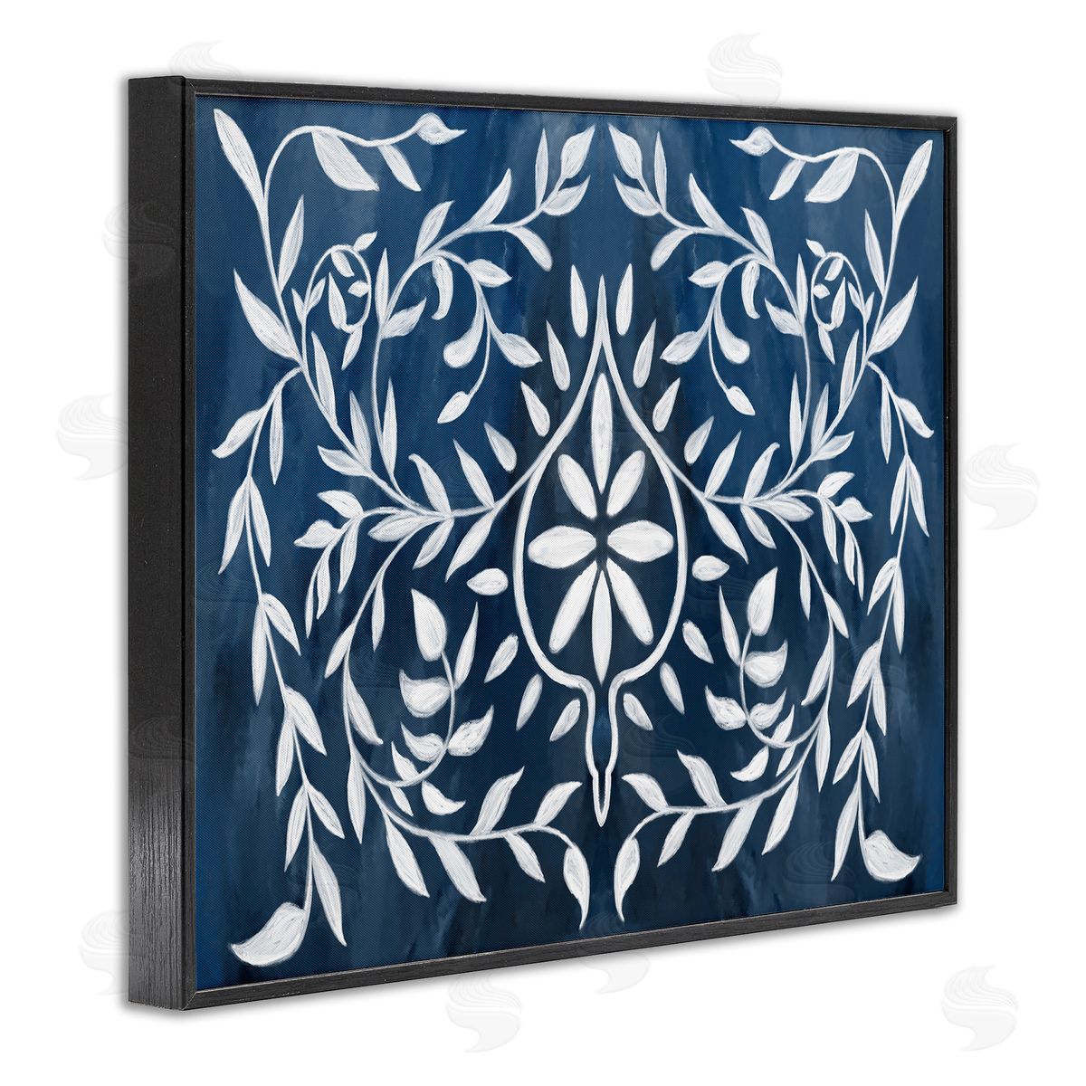 Blue White Leaf Gilding Pattern Black Frame Print Wall Art, Home Decor by Stupell Studio