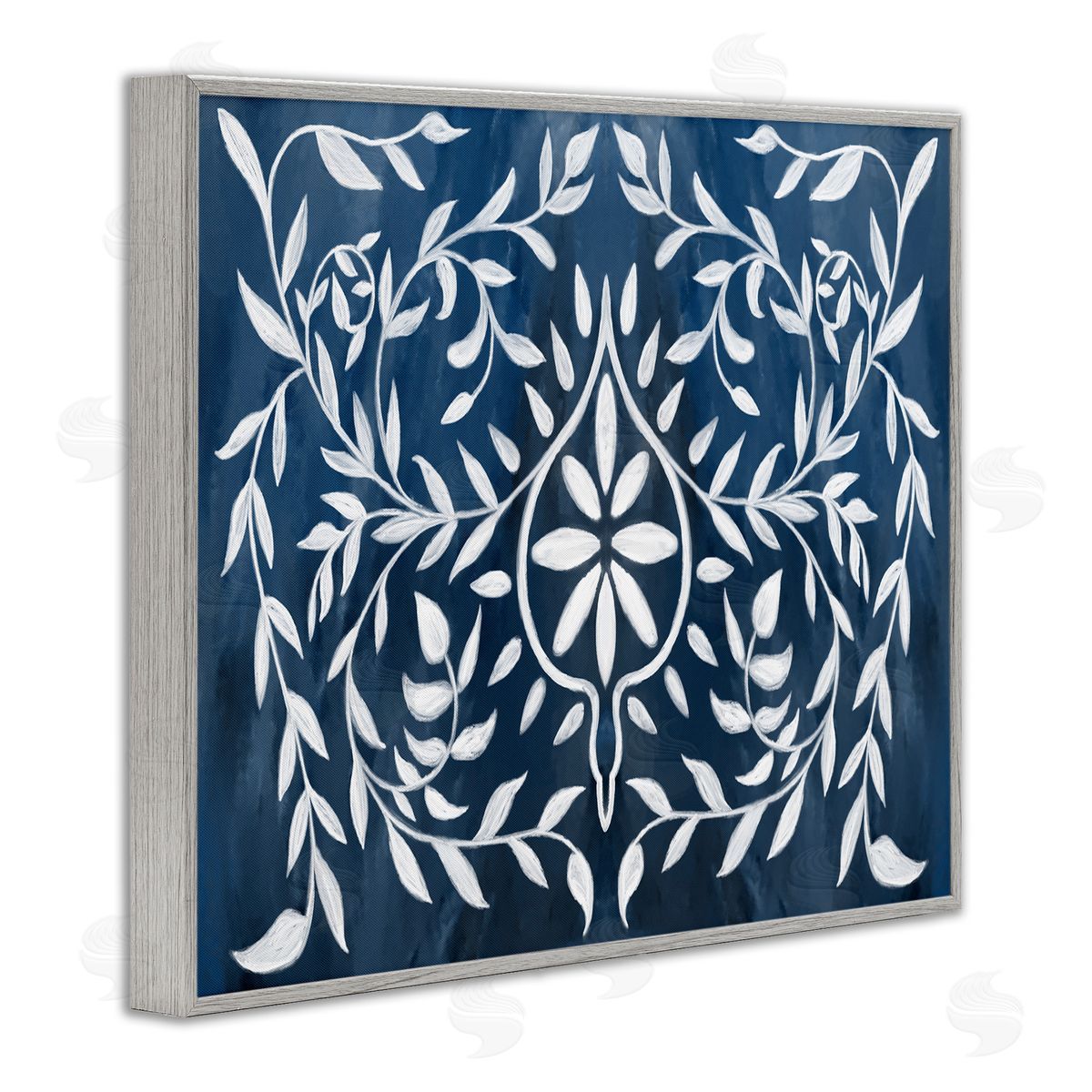 Blue White Leaf Gilding Pattern Grey Frame Print Wall Art, Home Decor by Stupell Studio