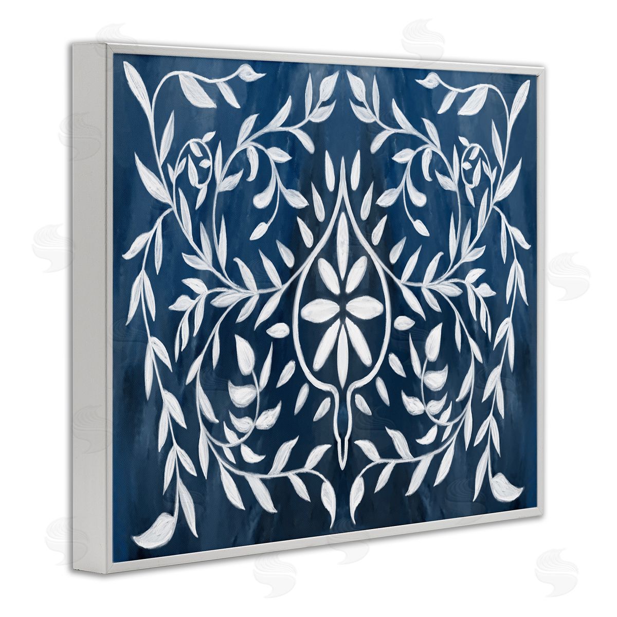 Blue White Leaf Gilding Pattern White Frame Print Wall Art, Home Decor by Stupell Studio