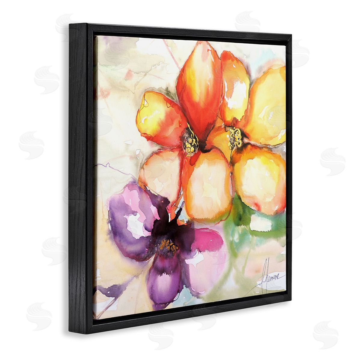 Warm Abstract Orange Flowers Black Floating Frame Canvas Wall Art, Home Decor by Leticia Herrera