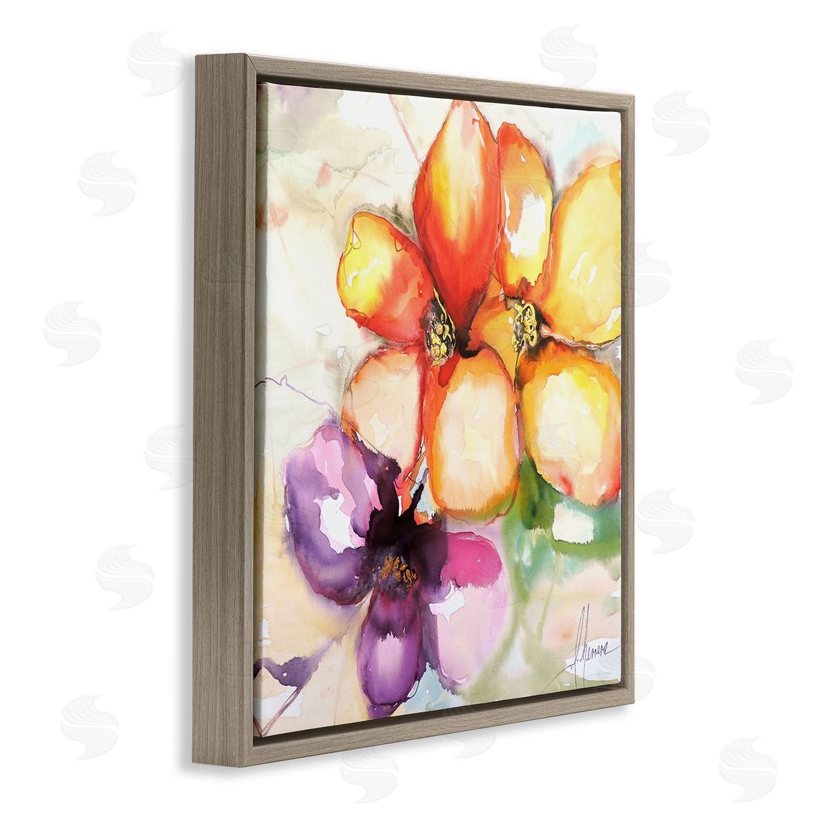 Warm Abstract Orange Flowers Brown Floating Frame Canvas Wall Art, Home Decor by Leticia Herrera