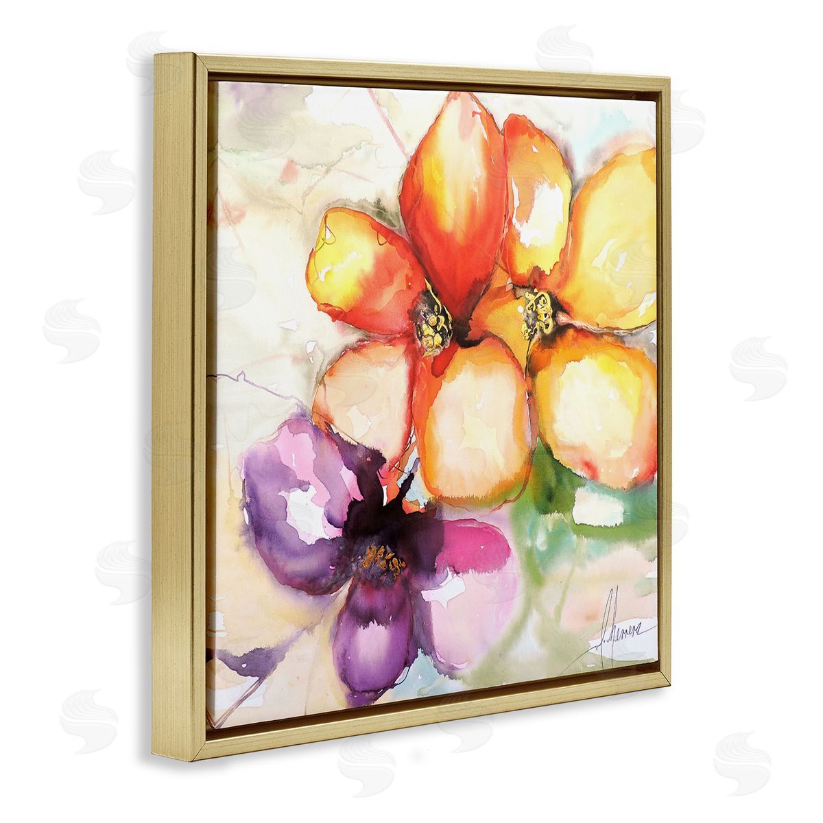 Warm Abstract Orange Flowers Gold Floating Frame Canvas Wall Art, Home Decor by Leticia Herrera