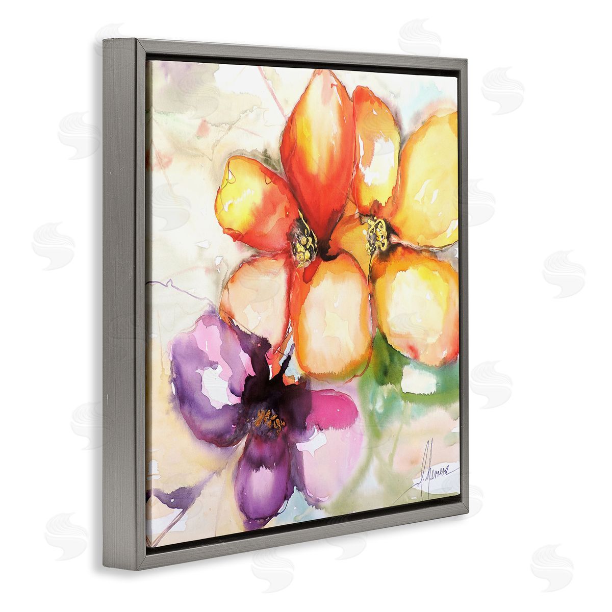 Warm Abstract Orange Flowers Grey Floating Frame Canvas Wall Art, Home Decor by Leticia Herrera