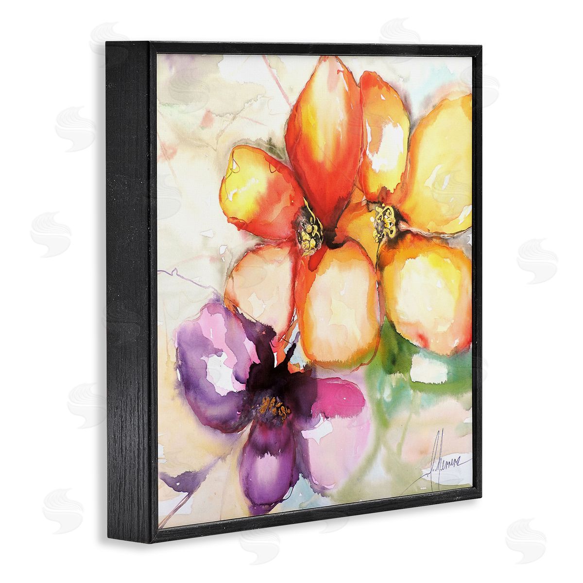 Warm Abstract Orange Flowers Black Frame Print Wall Art, Home Decor by Leticia Herrera