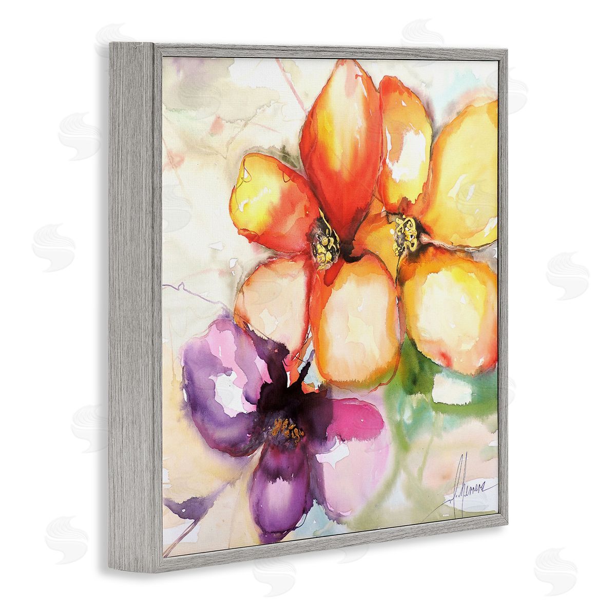Warm Abstract Orange Flowers Grey Frame Print Wall Art, Home Decor by Leticia Herrera