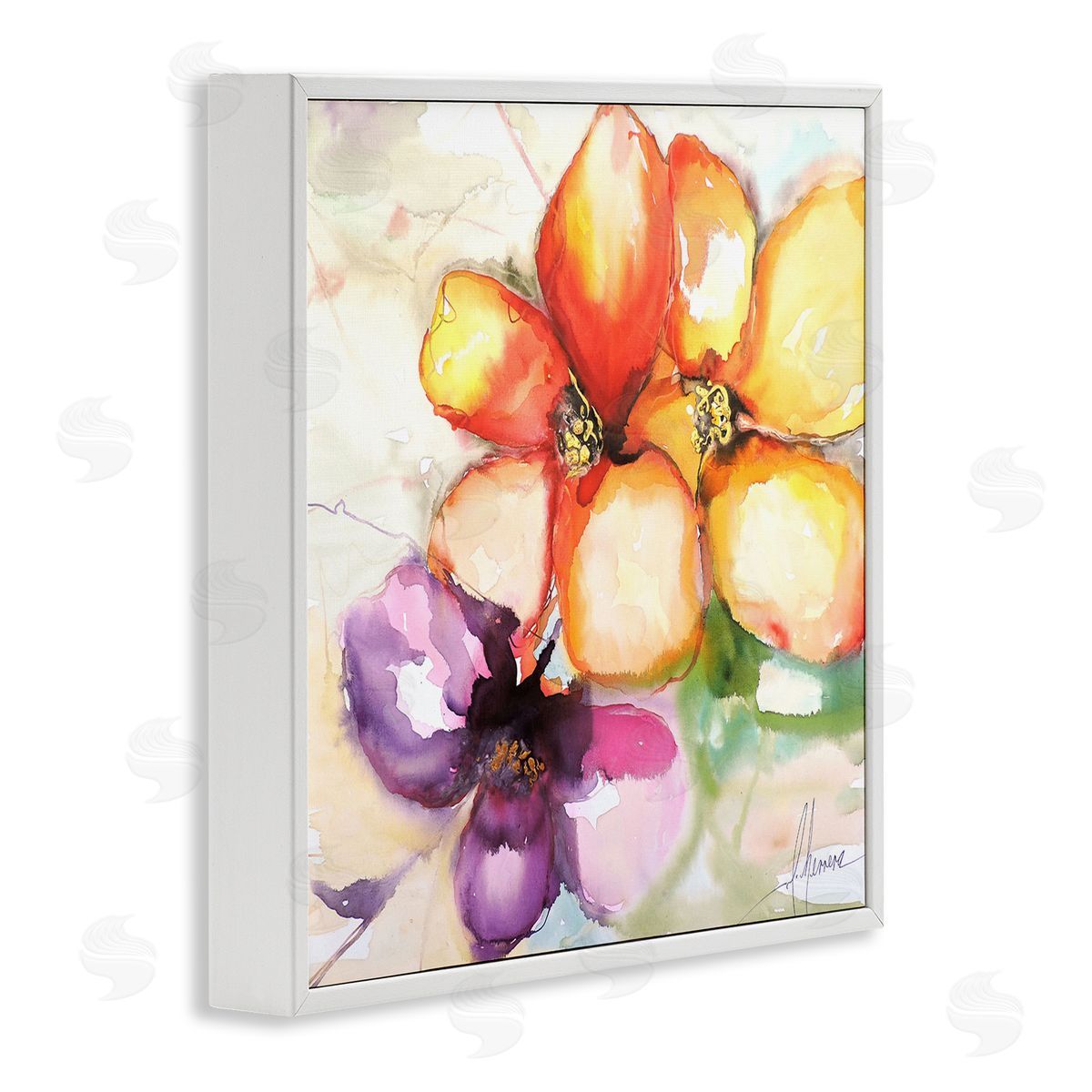 Warm Abstract Orange Flowers White Frame Print Wall Art, Home Decor by Leticia Herrera