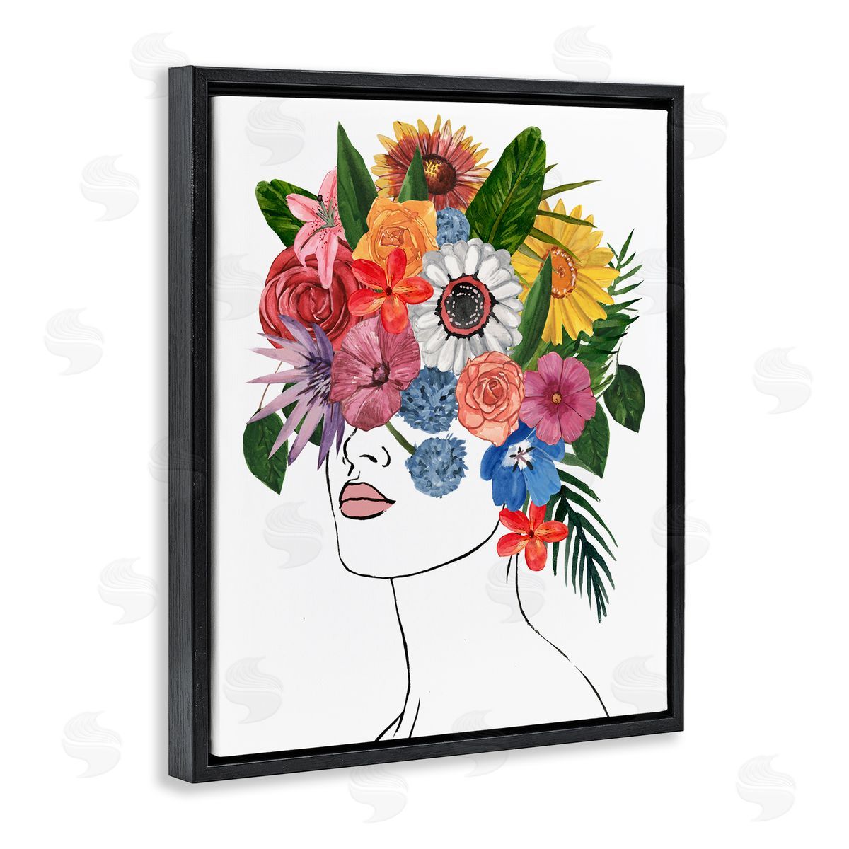 Female Portrait Summer Flowers Black Floating Frame Canvas Wall Art, Home Decor by Annie Warren