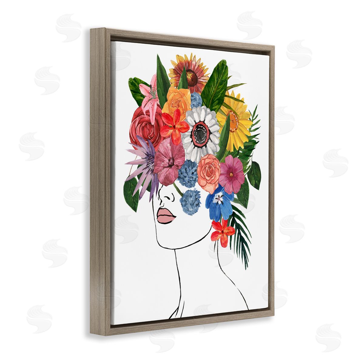 Female Portrait Summer Flowers Brown Floating Frame Canvas Wall Art, Home Decor by Annie Warren