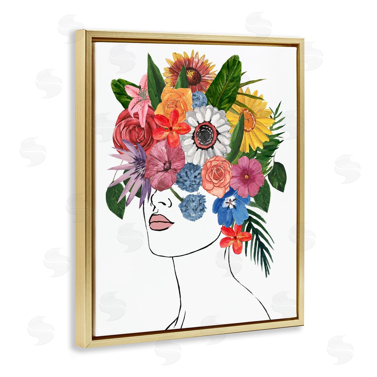 Female Portrait Summer Flowers Gold Floating Frame Canvas Wall Art, Home Decor by Annie Warren
