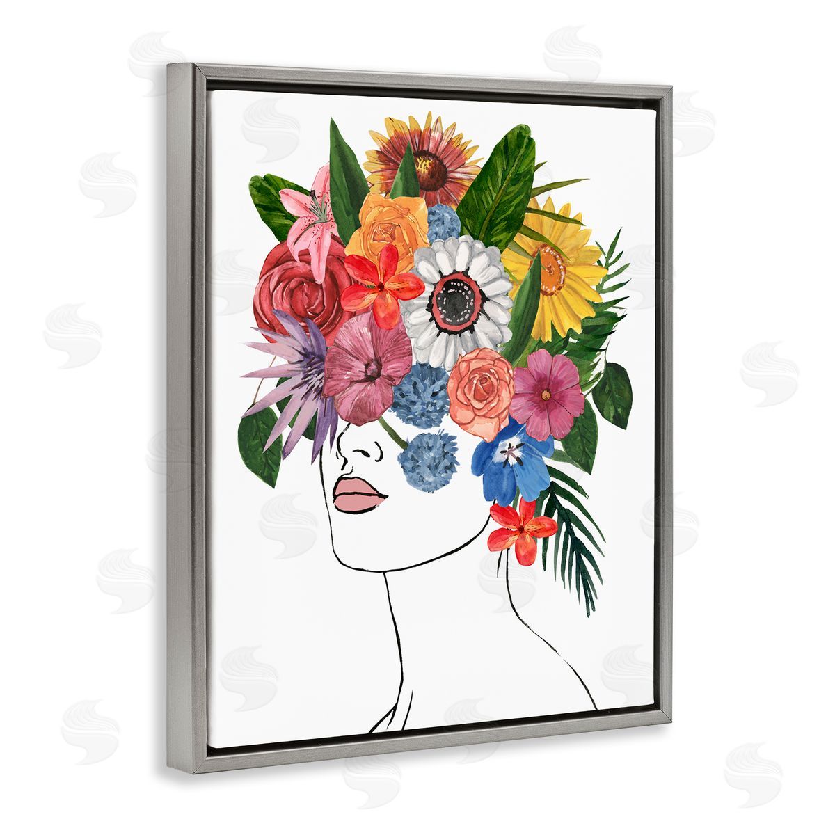 Female Portrait Summer Flowers Grey Floating Frame Canvas Wall Art, Home Decor by Annie Warren