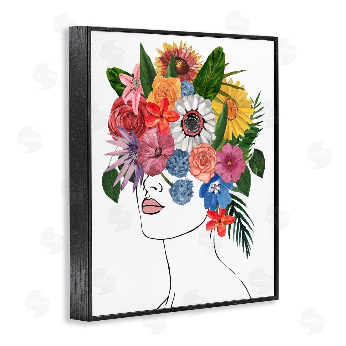 Female Portrait Summer Flowers Black Frame Print Wall Art, Home Decor by Annie Warren