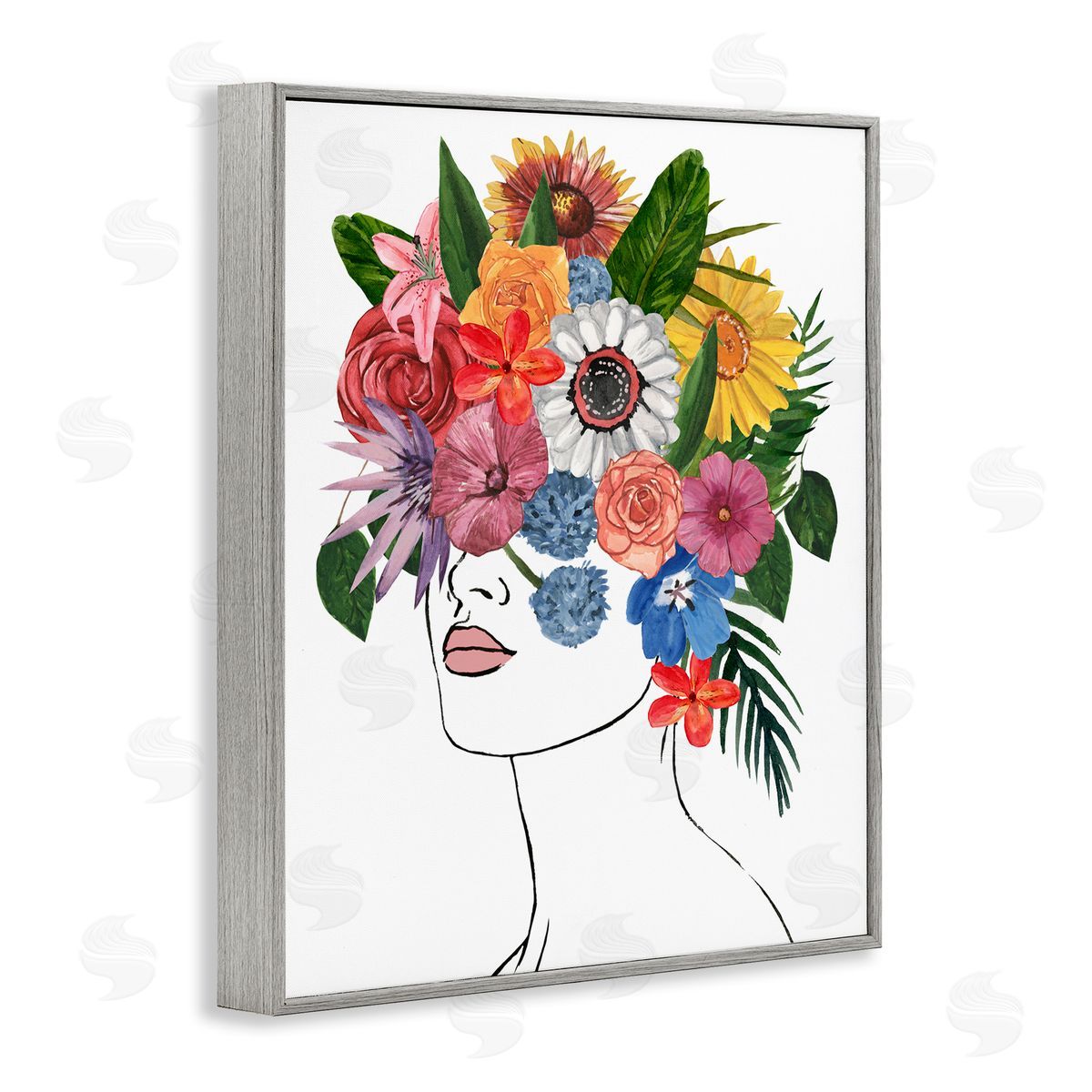 Female Portrait Summer Flowers Grey Frame Print Wall Art, Home Decor by Annie Warren
