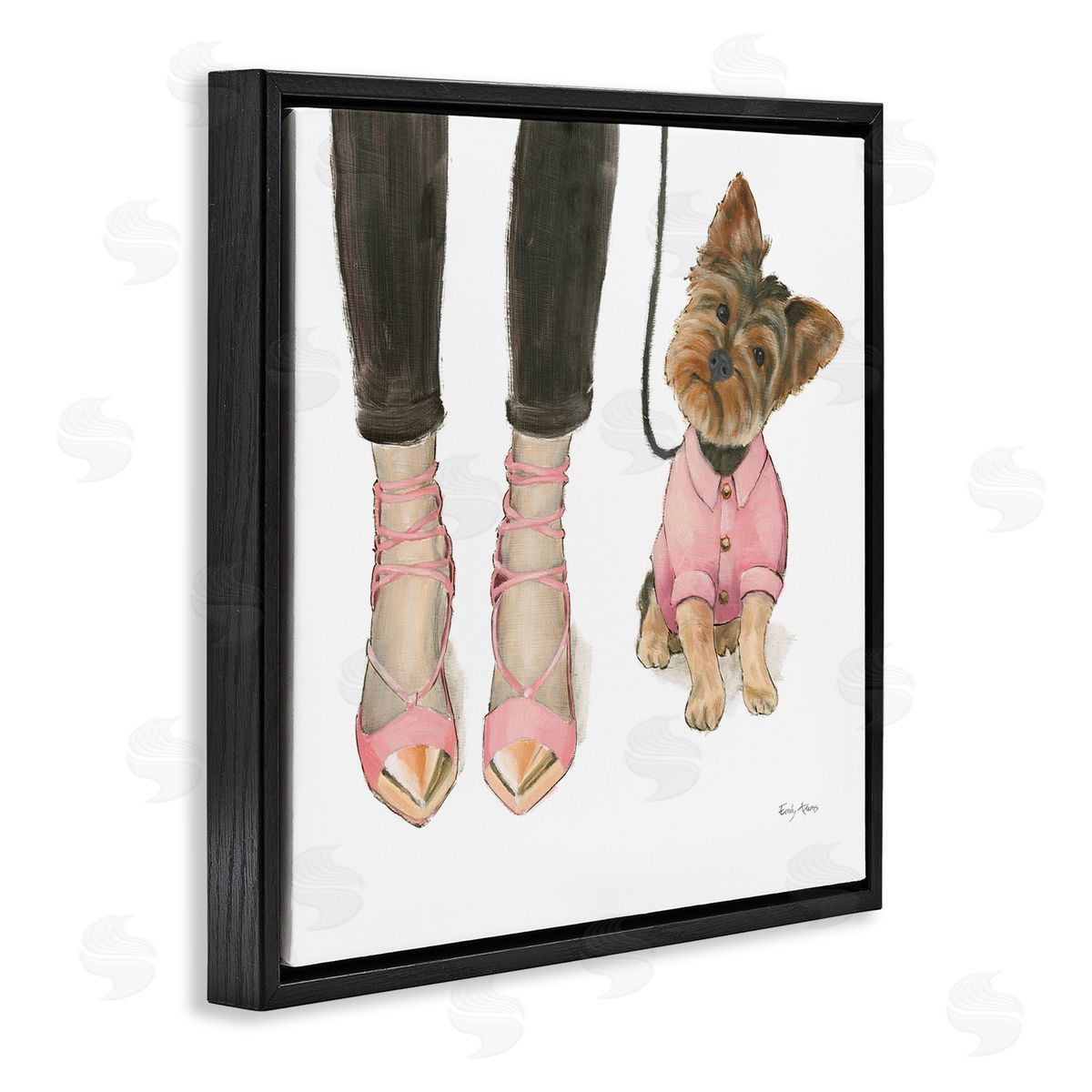 Glam Dog Walk Pink Heels Black Floating Frame Canvas Wall Art, Home Decor by Emily Adams