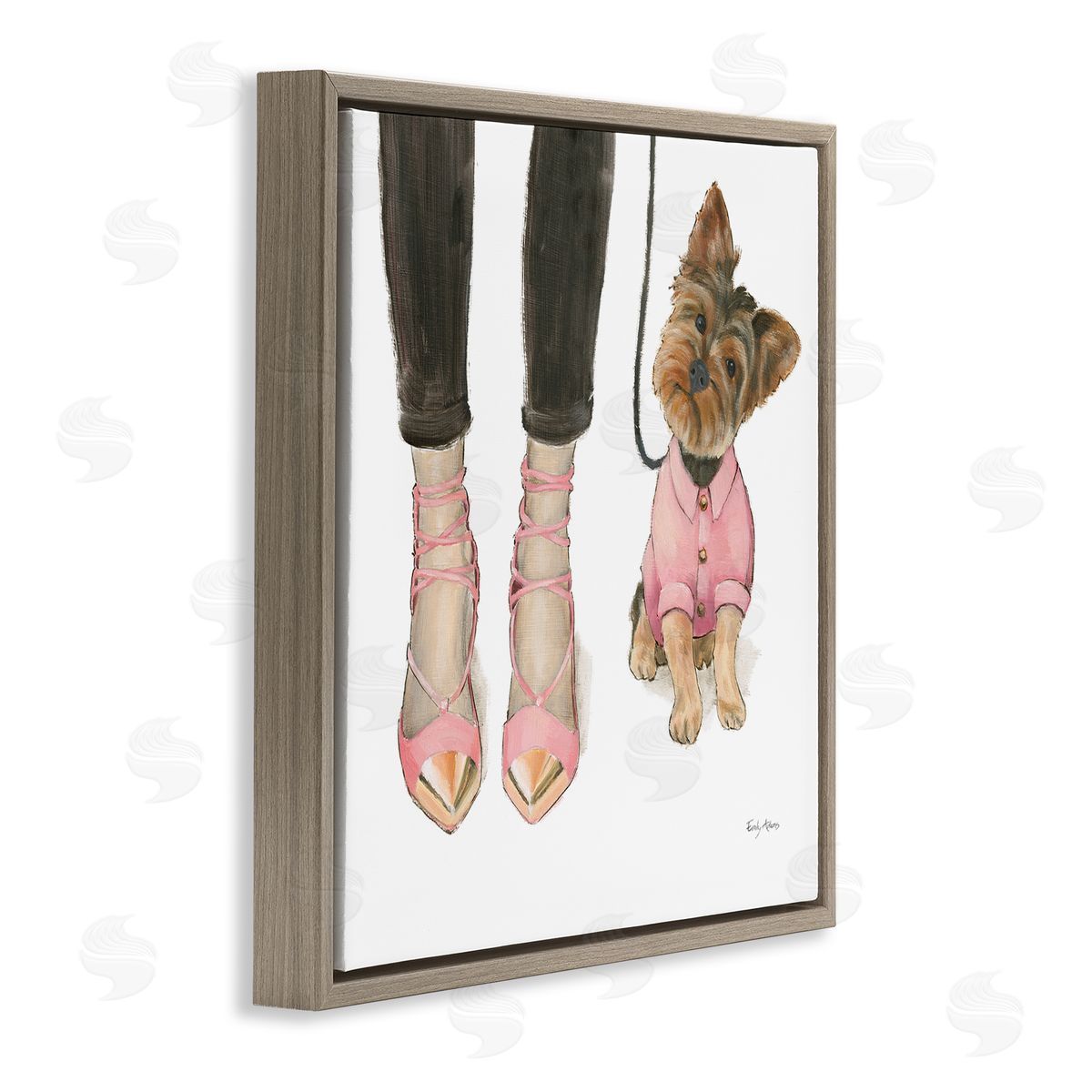Glam Dog Walk Pink Heels Brown Floating Frame Canvas Wall Art, Home Decor by Emily Adams