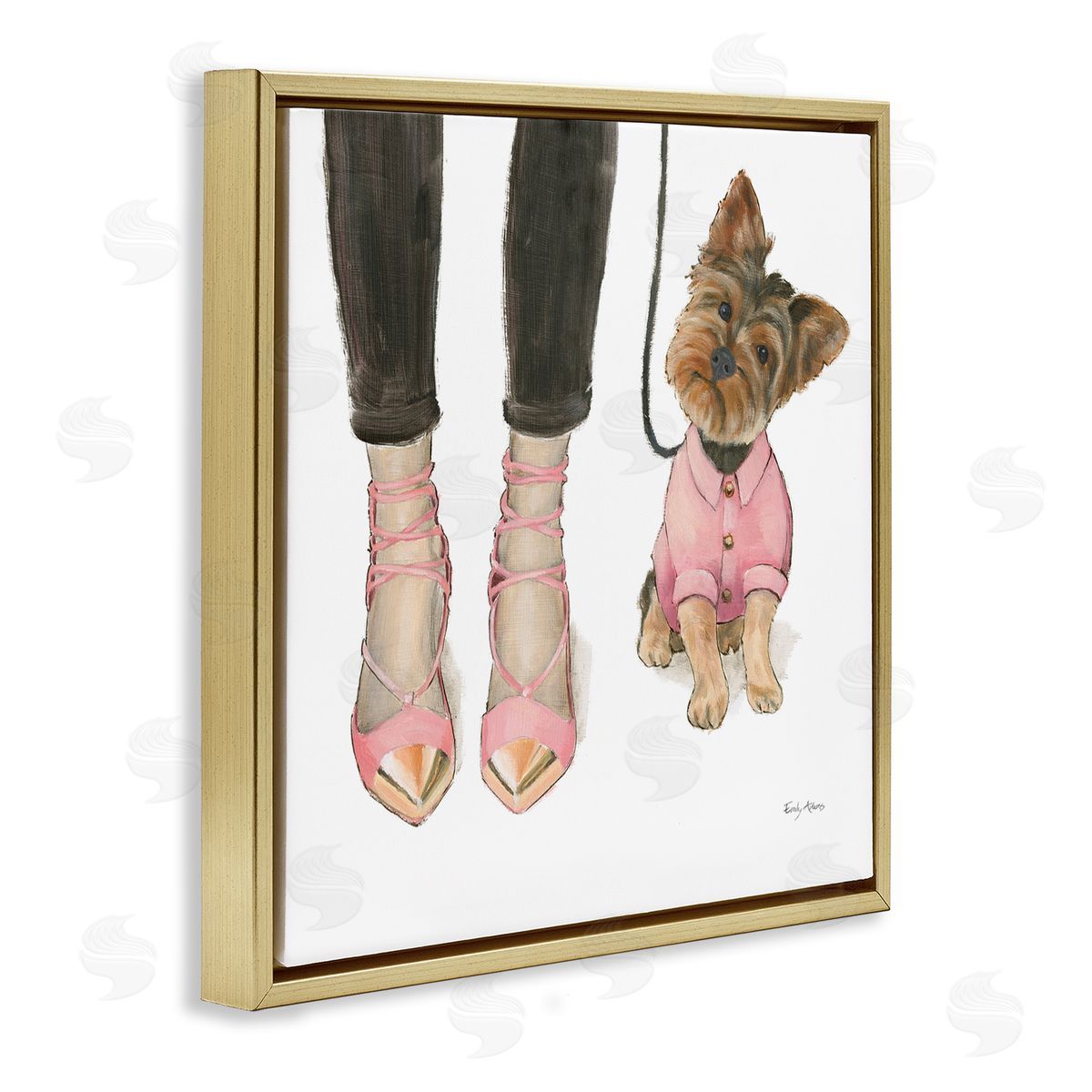 Glam Dog Walk Pink Heels Gold Floating Frame Canvas Wall Art, Home Decor by Emily Adams