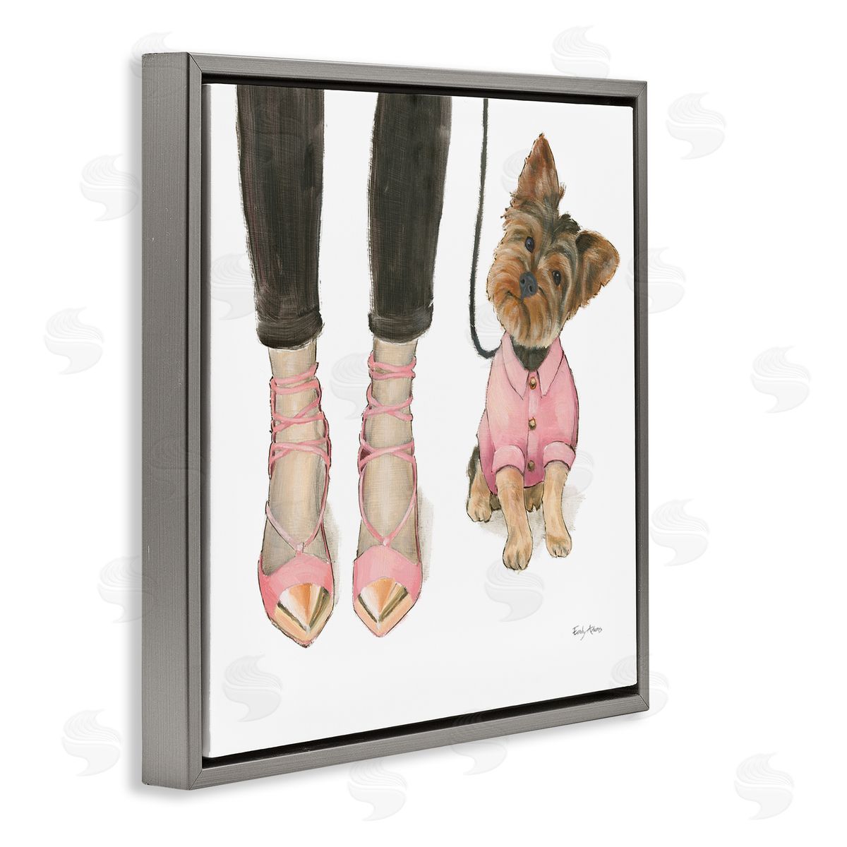 Glam Dog Walk Pink Heels Grey Floating Frame Canvas Wall Art, Home Decor by Emily Adams