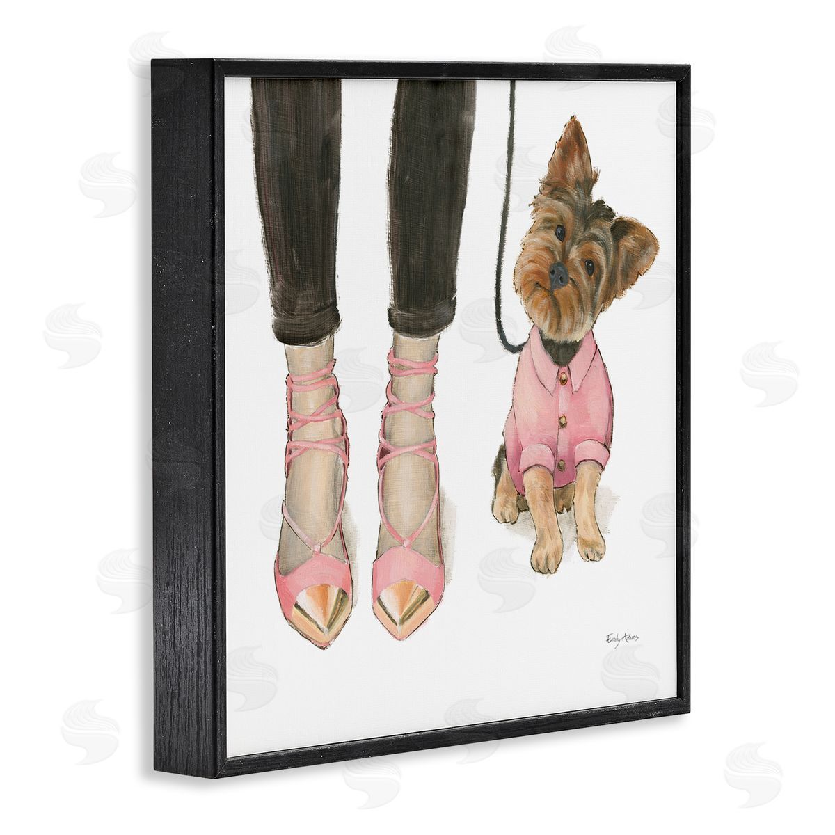 Glam Dog Walk Pink Heels Black Frame Print Wall Art, Home Decor by Emily Adams