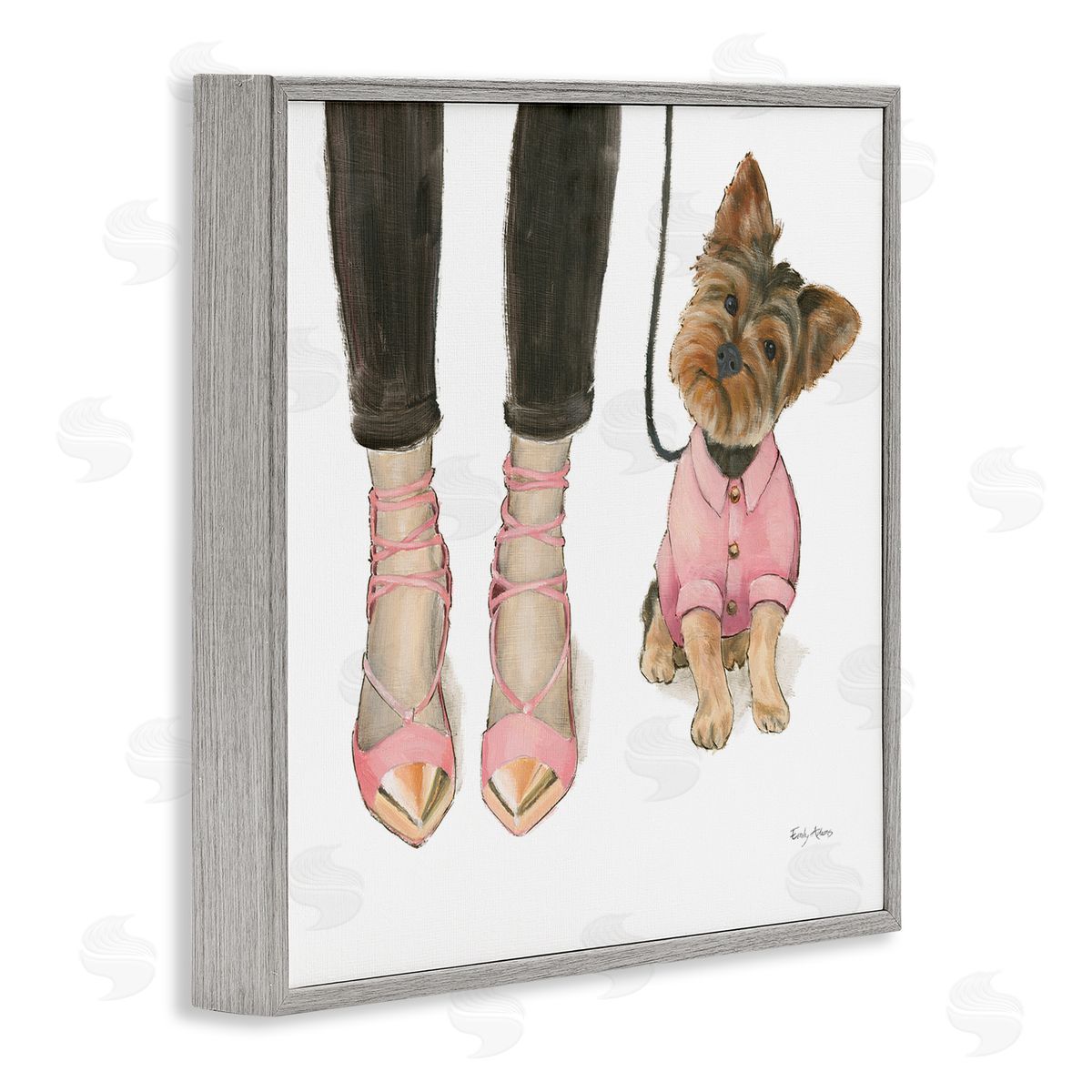 Glam Dog Walk Pink Heels Grey Frame Print Wall Art, Home Decor by Emily Adams