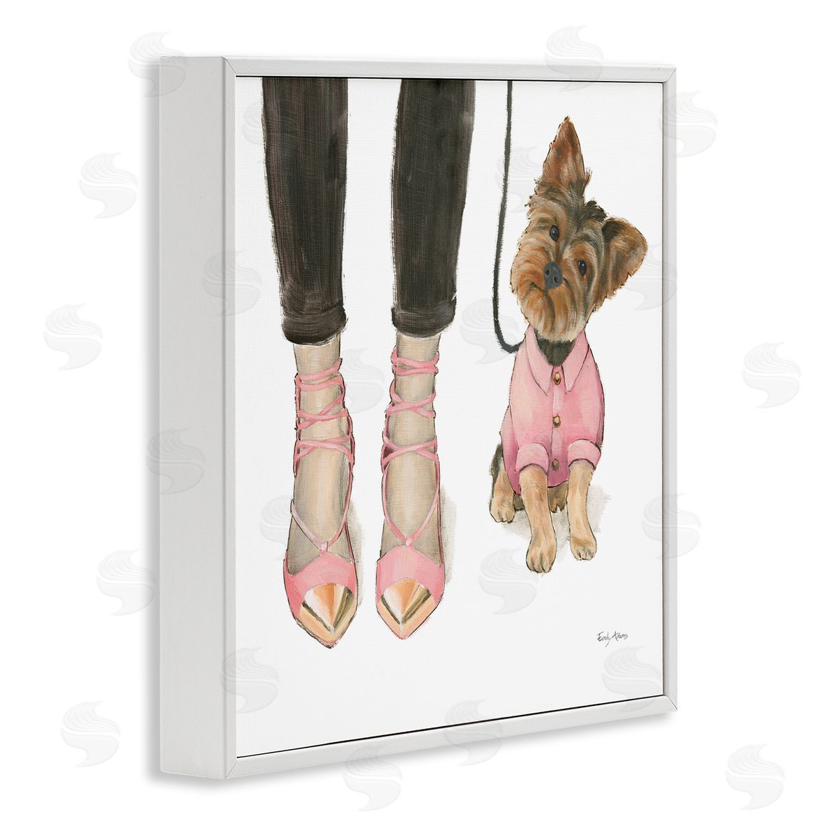 Glam Dog Walk Pink Heels White Frame Print Wall Art, Home Decor by Emily Adams
