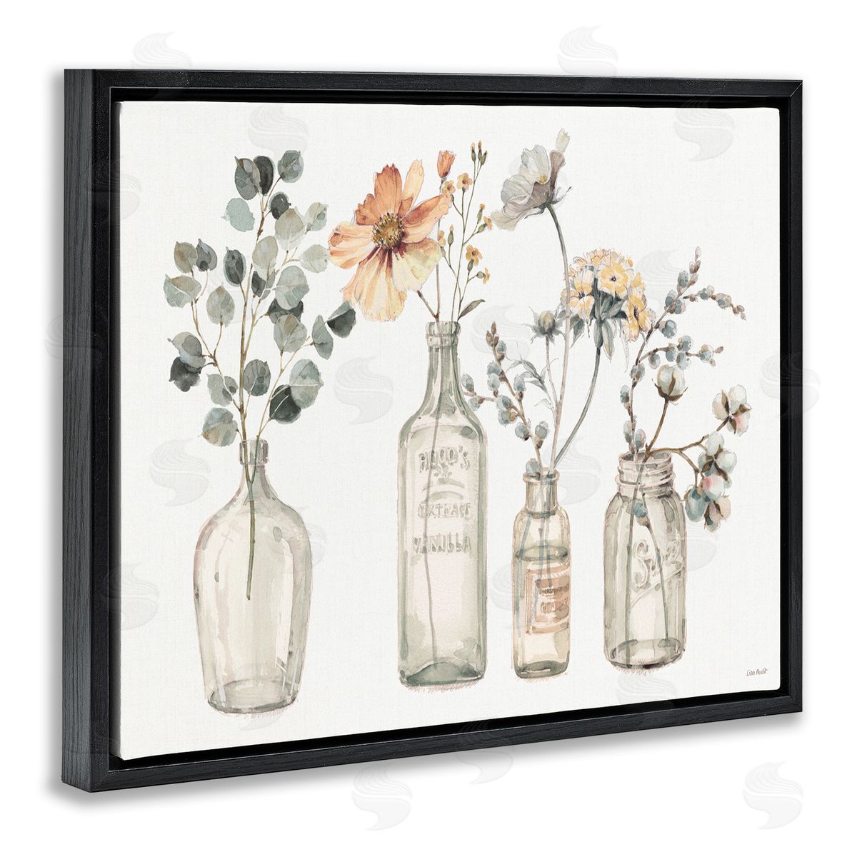 Antique Floral Bouquets in Jars Black Floating Frame Canvas Wall Art, Home Decor by Lisa Audit