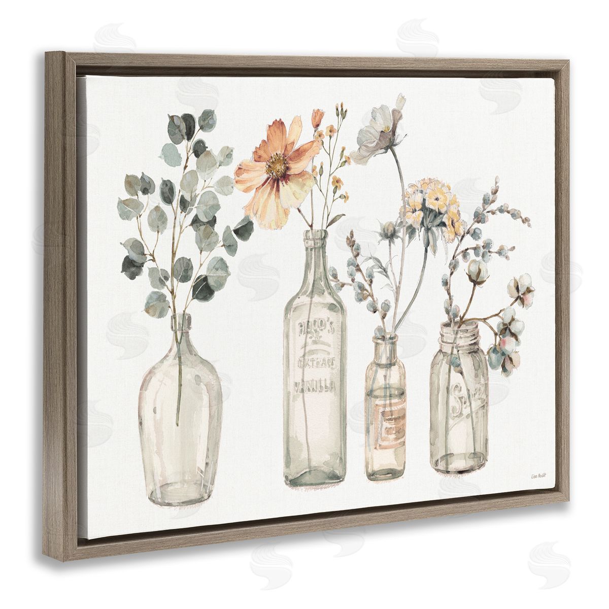 Antique Floral Bouquets in Jars Brown Floating Frame Canvas Wall Art, Home Decor by Lisa Audit
