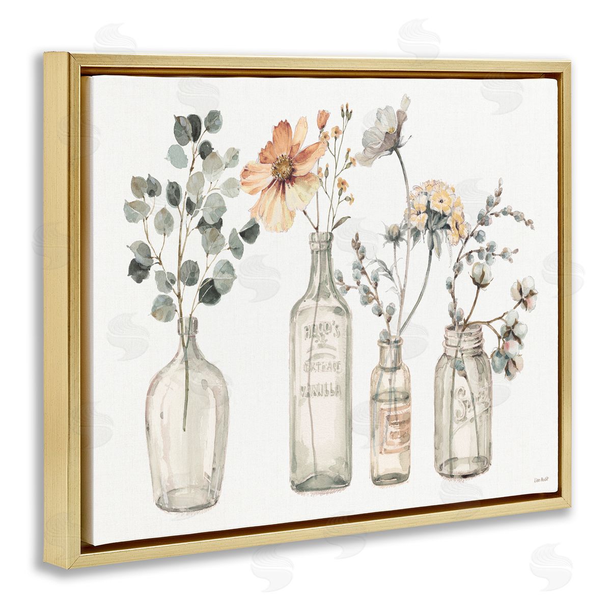 Antique Floral Bouquets in Jars Gold Floating Frame Canvas Wall Art, Home Decor by Lisa Audit