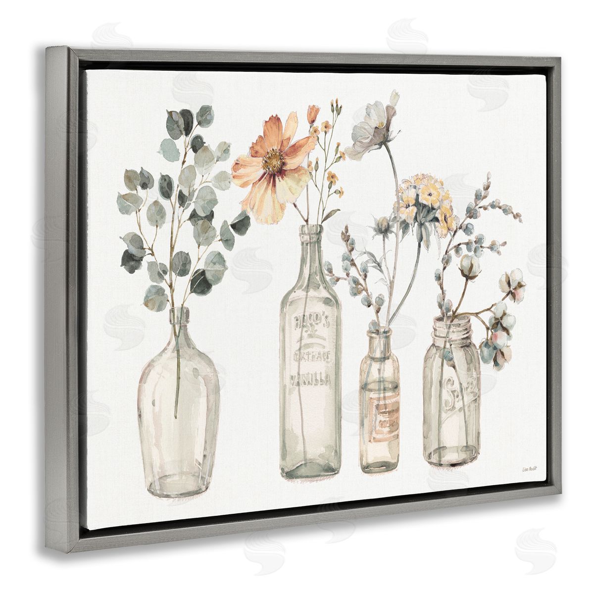 Antique Floral Bouquets in Jars Grey Floating Frame Canvas Wall Art, Home Decor by Lisa Audit