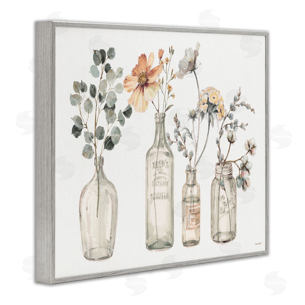 Antique Floral Bouquets in Jars Grey Frame Print Wall Art, Home Decor by Lisa Audit