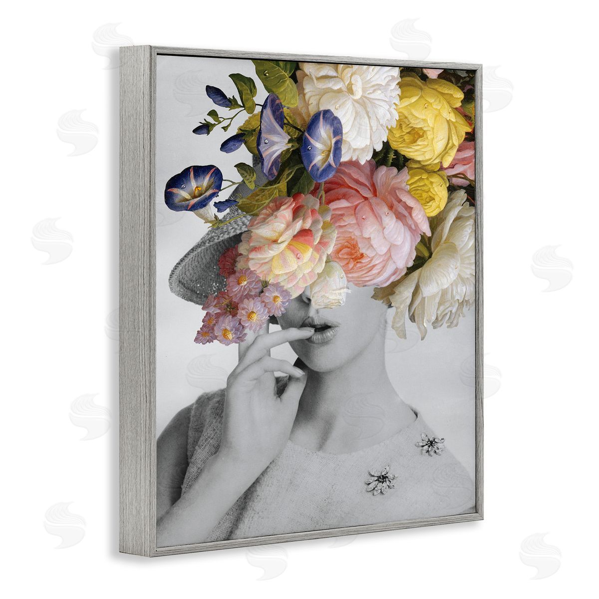Vintage Female Floral Portrait Grey Frame Print Wall Art, Home Decor by Wild Apple Portfolio