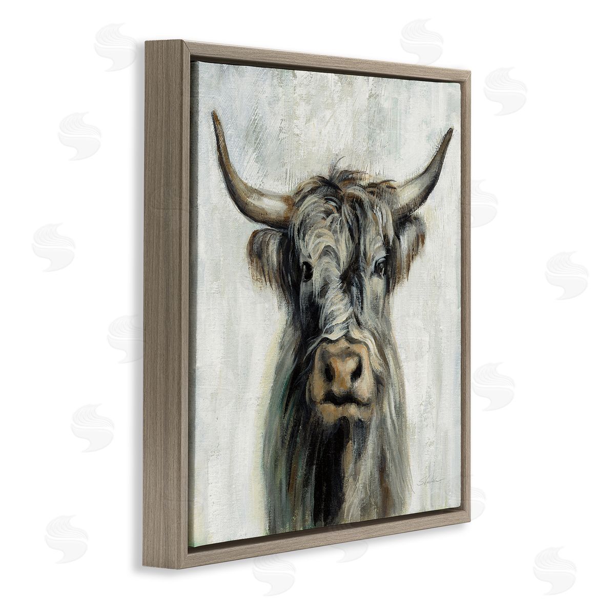 Masculine Bull Portrait Cottage Brown Floating Frame Canvas Wall Art, Home Decor by Silvia Vassileva