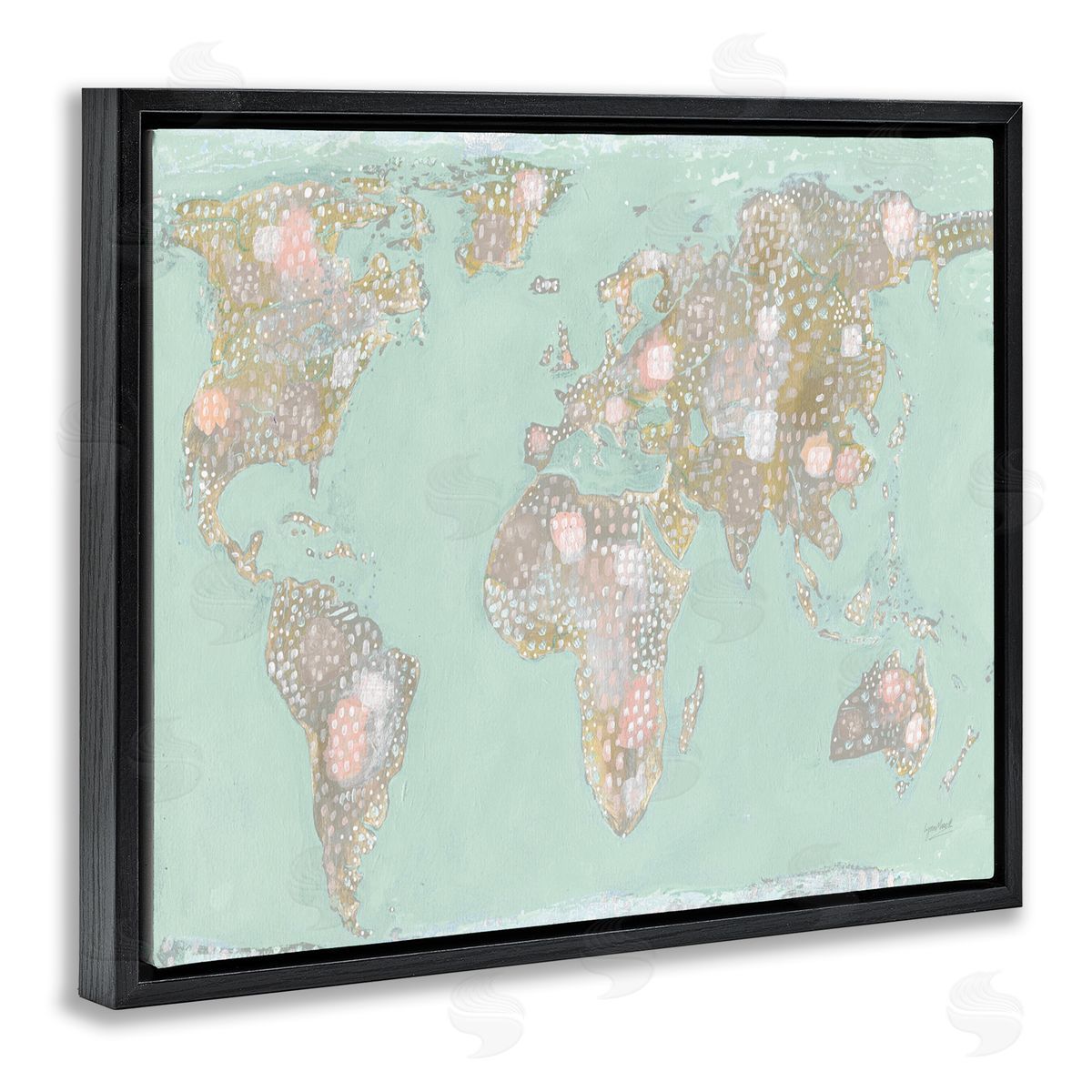 Abstract Mint World Map Black Floating Frame Canvas Wall Art, Home Decor by Lynn Mack