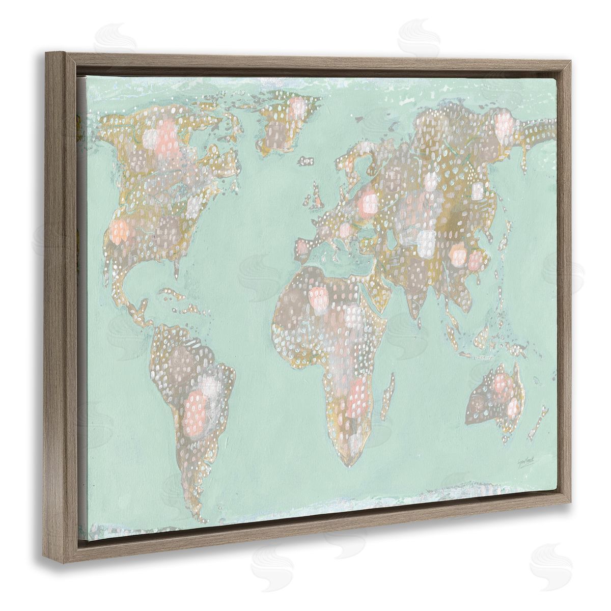 Abstract Mint World Map Brown Floating Frame Canvas Wall Art, Home Decor by Lynn Mack