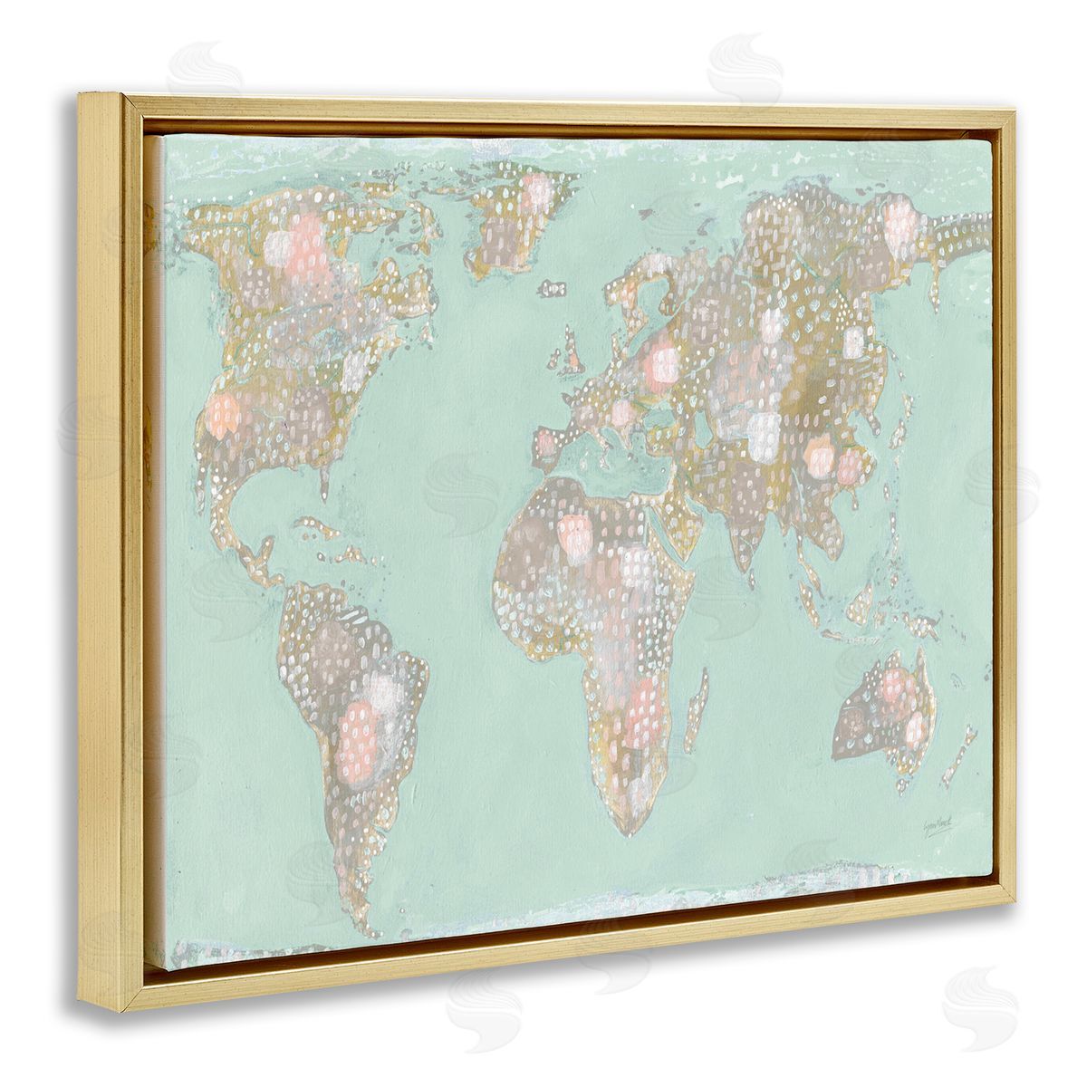 Abstract Mint World Map Gold Floating Frame Canvas Wall Art, Home Decor by Lynn Mack