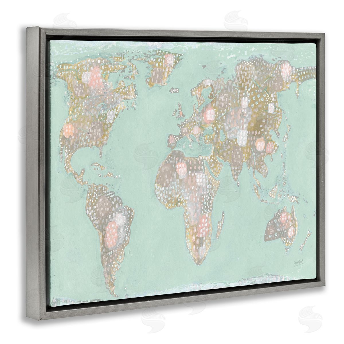 Abstract Mint World Map Grey Floating Frame Canvas Wall Art, Home Decor by Lynn Mack
