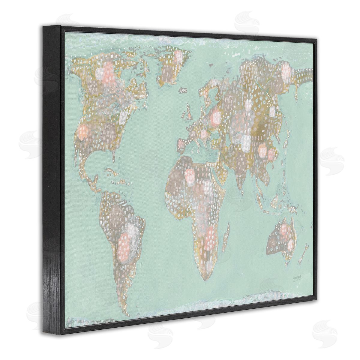 Abstract Mint World Map Black Frame Print Wall Art, Home Decor by Lynn Mack