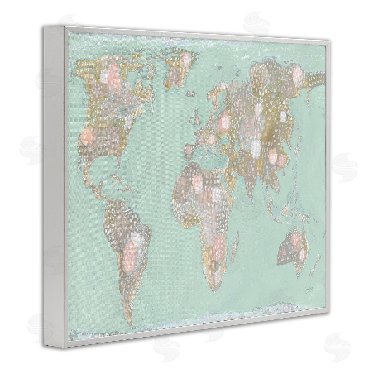 Abstract Mint World Map White Frame Print Wall Art, Home Decor by Lynn Mack
