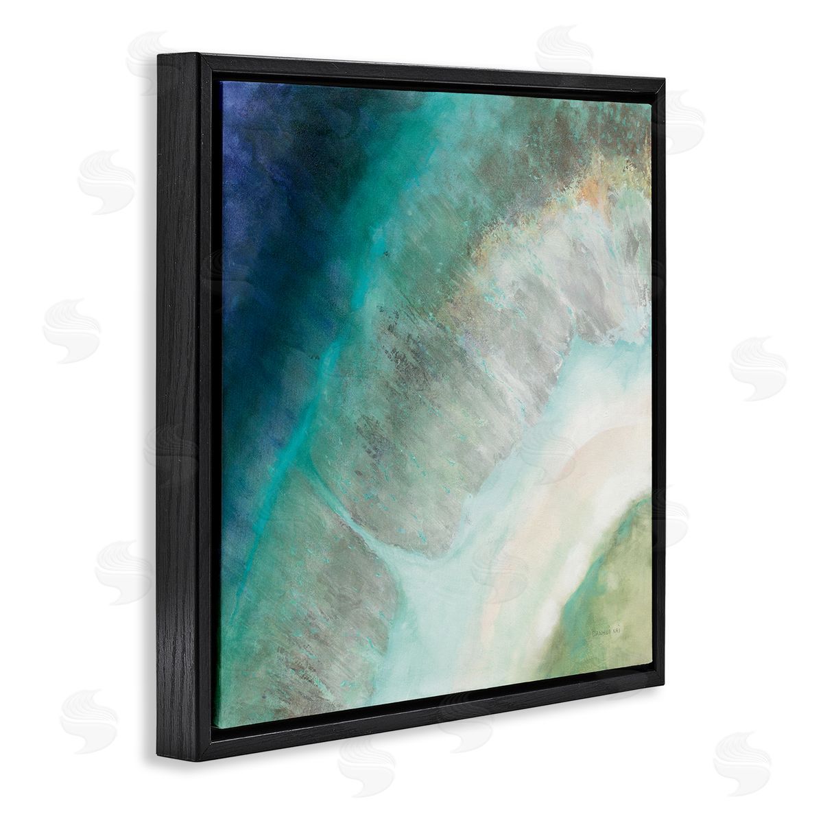 Abstract Blue Green Curve Coast Black Floating Frame Canvas Wall Art, Home Decor by Danhui Nai