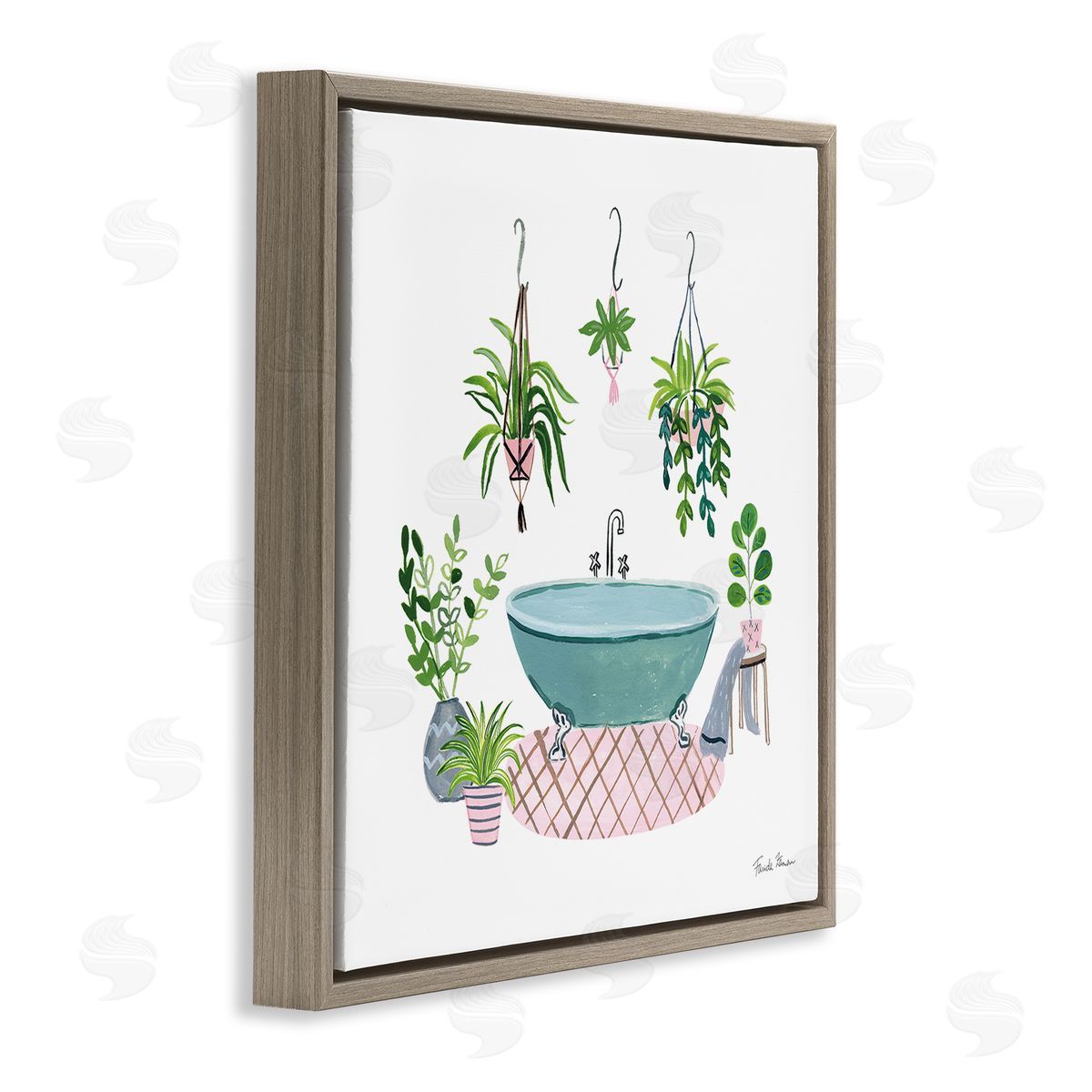 Claw Bath with Hanging Plants Brown Floating Frame Canvas Wall Art, Home Decor by Farida Zaman