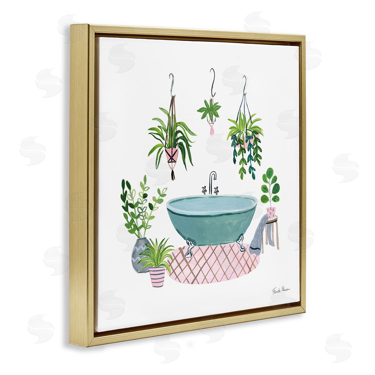 Claw Bath with Hanging Plants Gold Floating Frame Canvas Wall Art, Home Decor by Farida Zaman