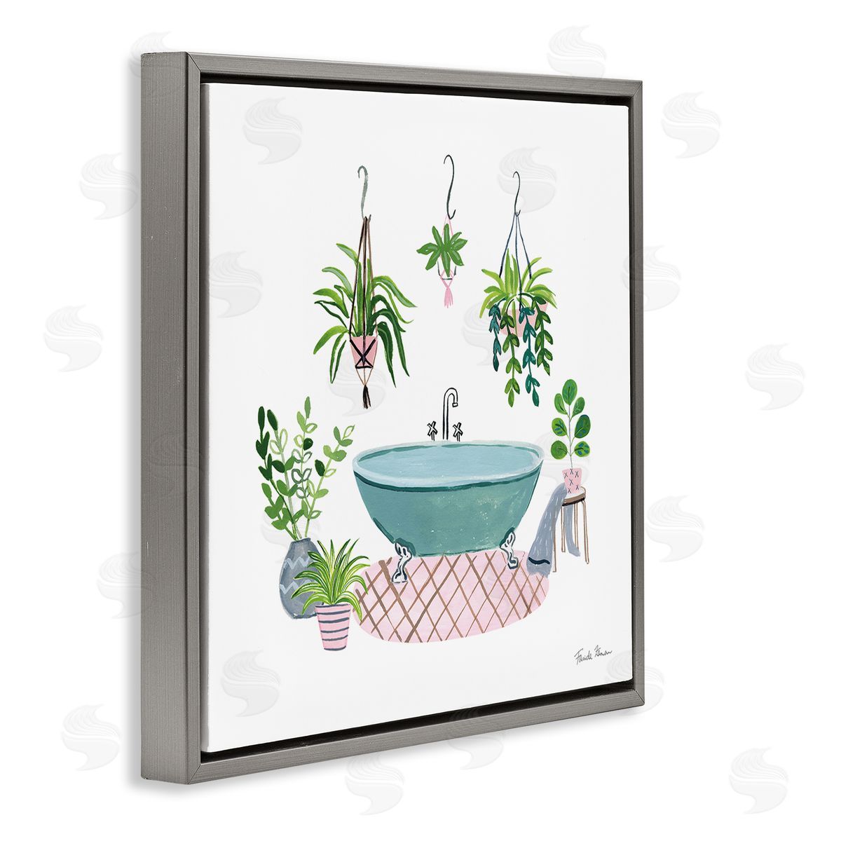 Claw Bath with Hanging Plants Grey Floating Frame Canvas Wall Art, Home Decor by Farida Zaman