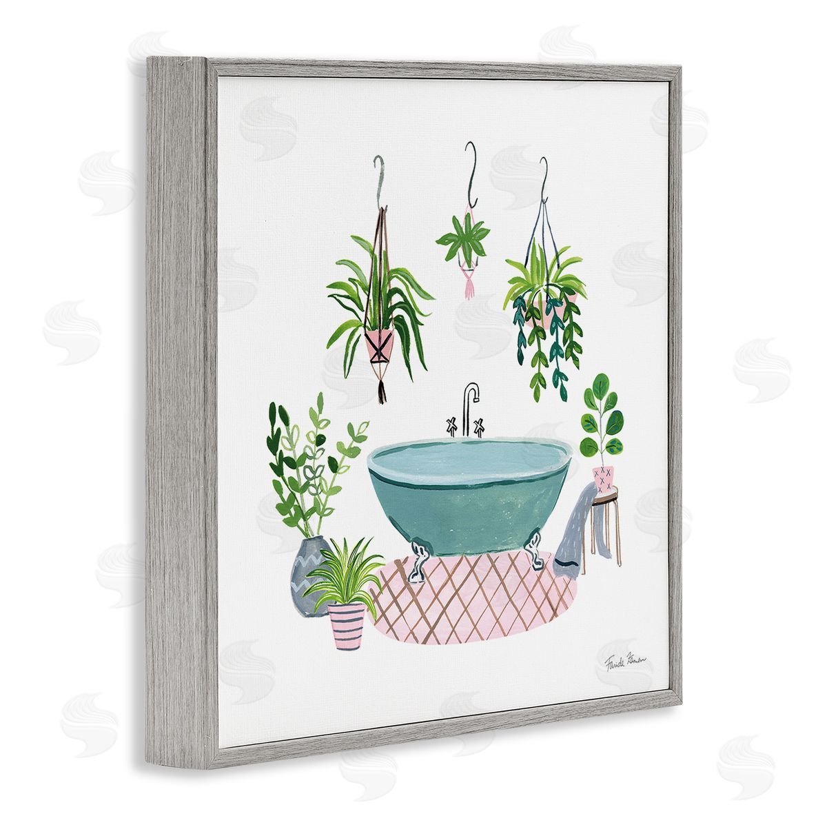 Claw Bath with Hanging Plants Grey Frame Print Wall Art, Home Decor by Farida Zaman