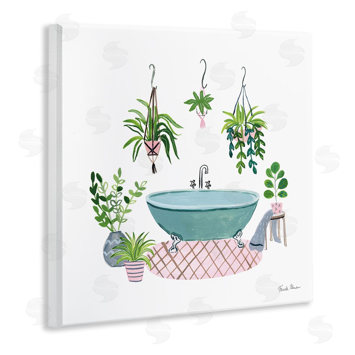 Claw Bath with Hanging Plants Wood Plaque Wall Art, Home Decor by Farida Zaman