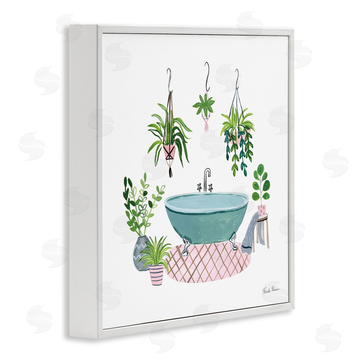 Claw Bath with Hanging Plants White Frame Print Wall Art, Home Decor by Farida Zaman