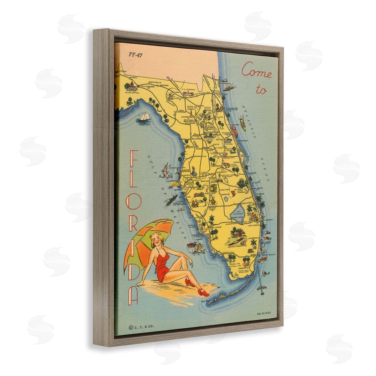 Florida Map Retro Beach Brown Floating Frame Canvas Wall Art, Home Decor by Wild Apple Portfolio