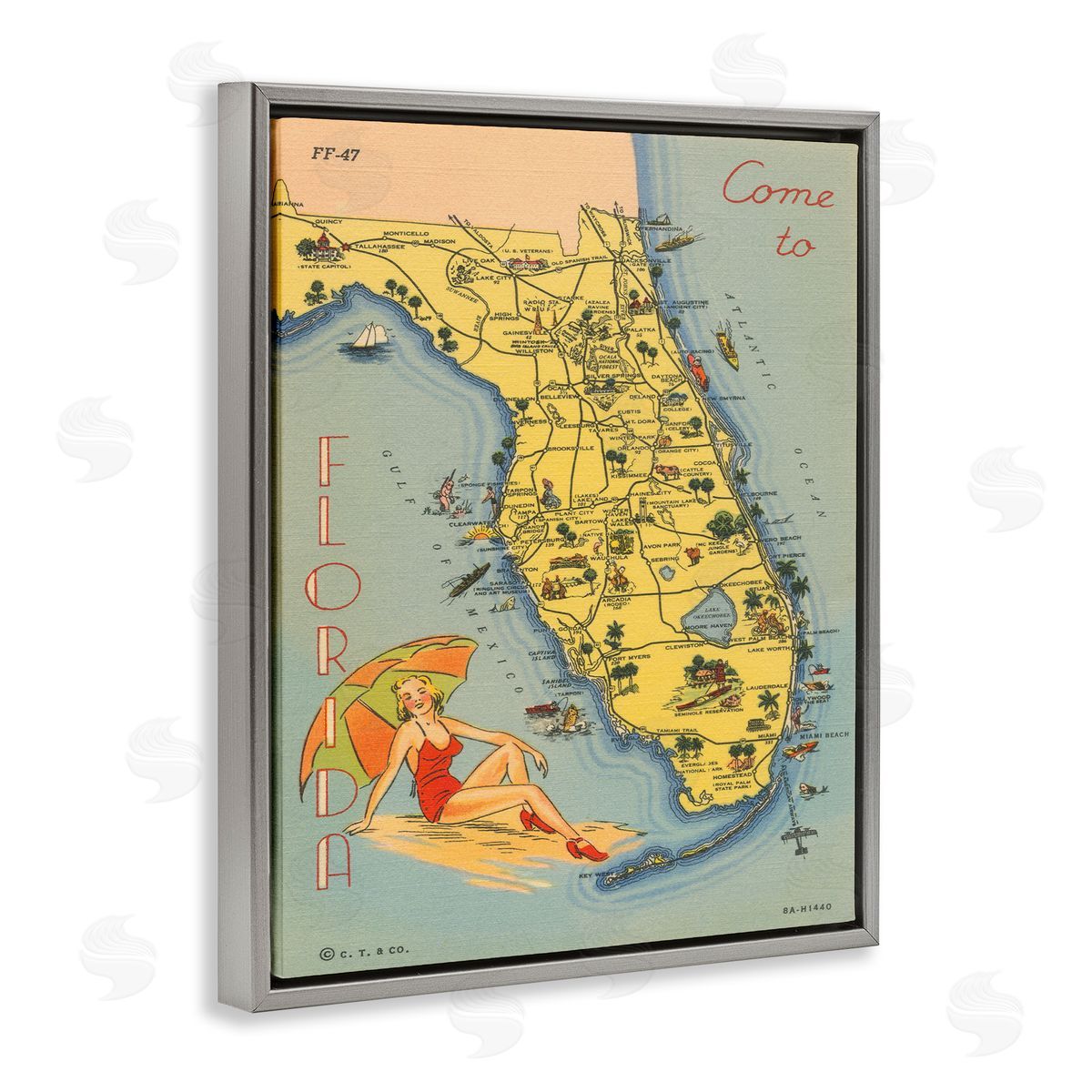 Florida Map Retro Beach Grey Floating Frame Canvas Wall Art, Home Decor by Wild Apple Portfolio