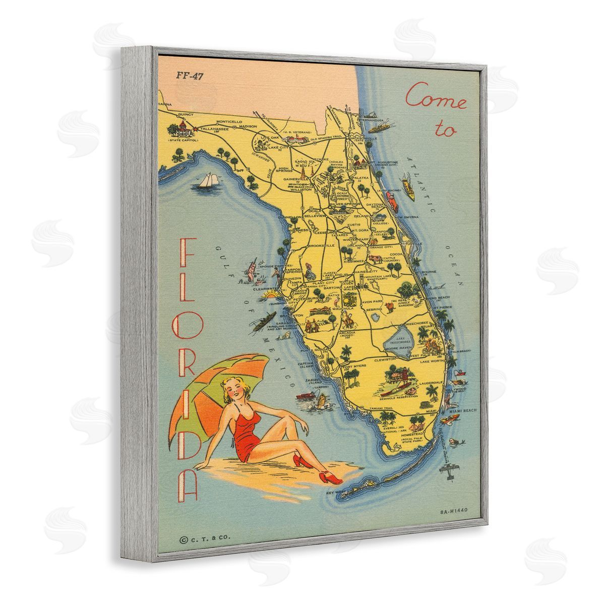 Florida Map Retro Beach Grey Frame Print Wall Art, Home Decor by Wild Apple Portfolio