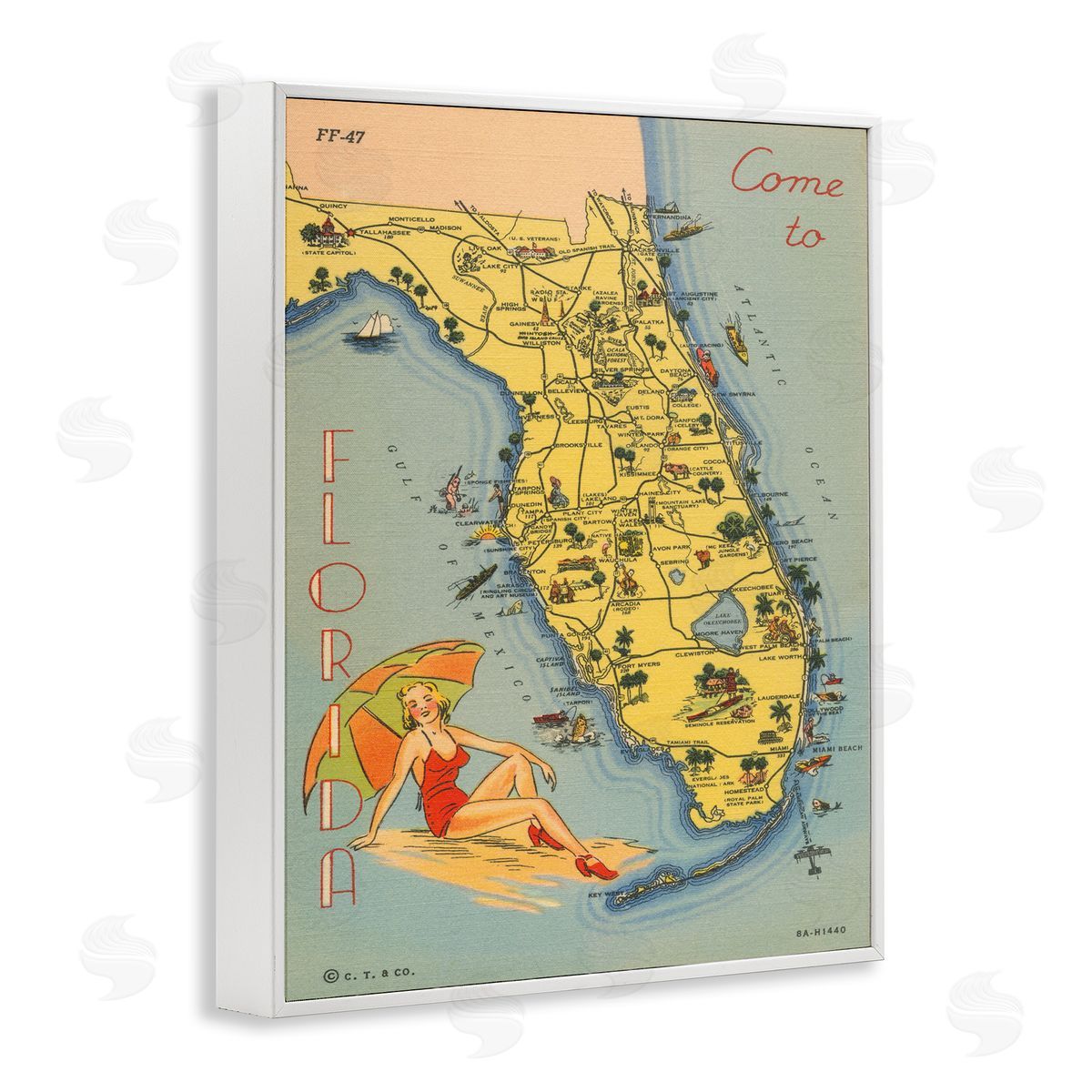 Florida Map Retro Beach White Frame Print Wall Art, Home Decor by Wild Apple Portfolio