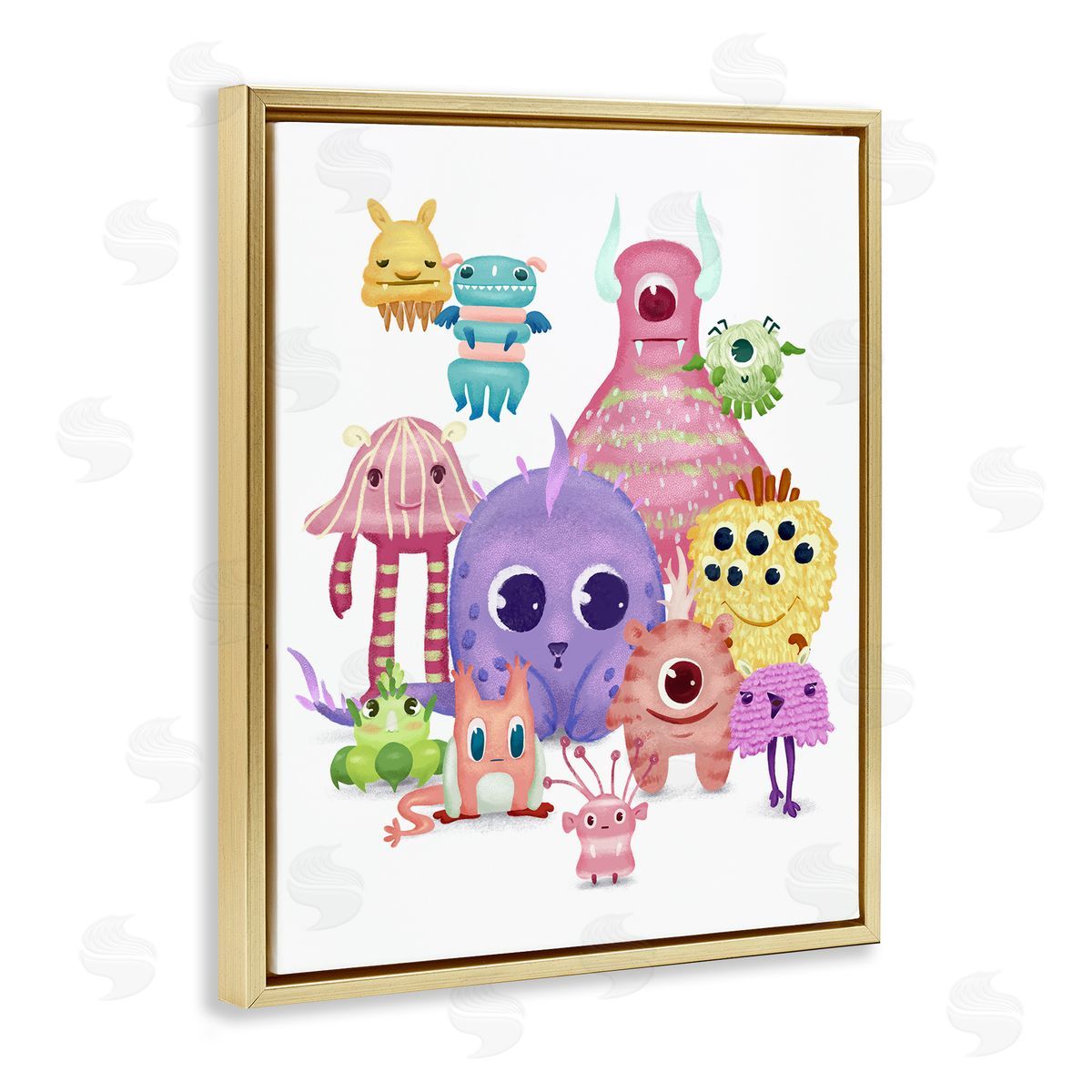 Fun Monsters Colorful Illustration Gold Floating Frame Canvas Wall Art, Home Decor by Ziwei Li