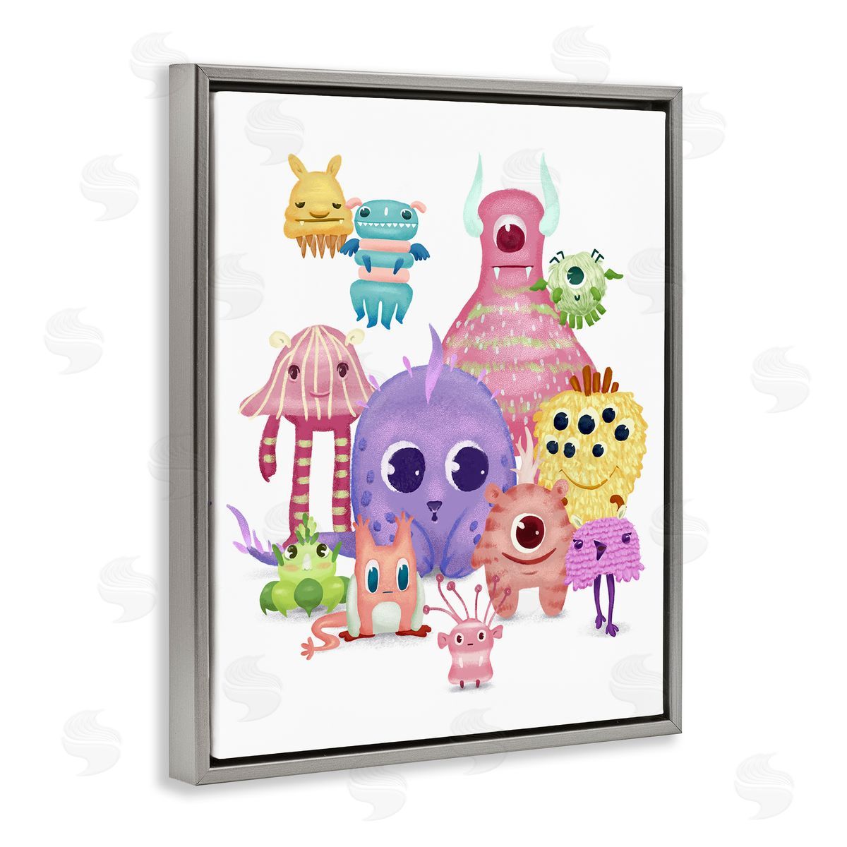 Fun Monsters Colorful Illustration Grey Floating Frame Canvas Wall Art, Home Decor by Ziwei Li