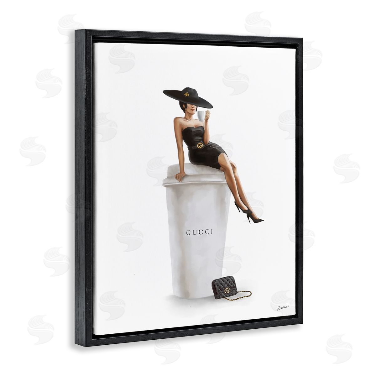 Stylish Fashion Female Pose Coffee Black Floating Frame Canvas Wall Art, Home Decor by Ziwei Li
